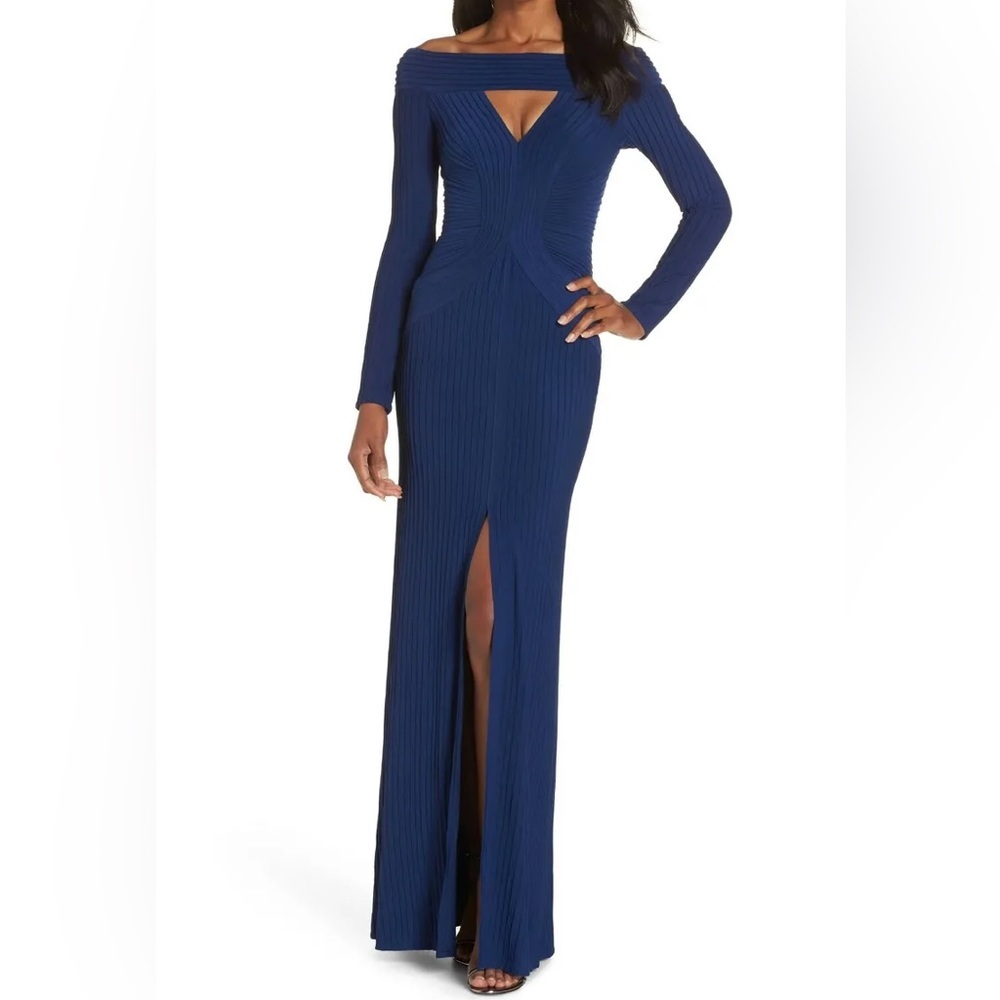 TADASHI SHOJI Midnight Navy Blue LIVIA Pintuck Off Shoulder Jersey Gown